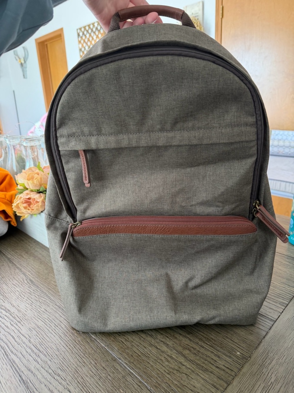 Men’s Fossil Olive Green Canvas Backpack with Brown Trim